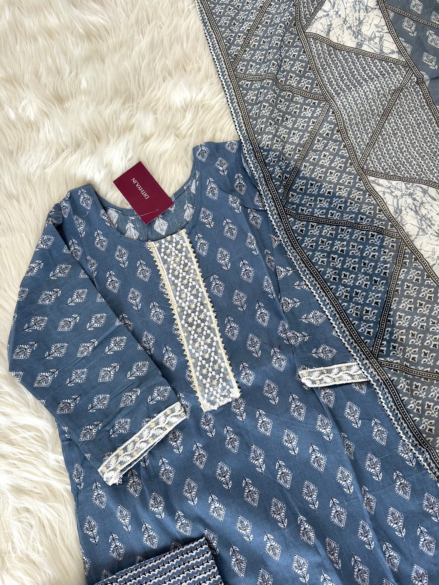 K230 - Cotton printed straight Kurti with pants and dupatta