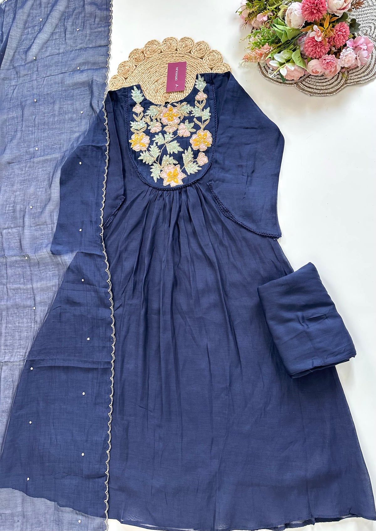 K265 - Mul Chanderi applique work Aline Kurti with pants and dupatta in 2 colours