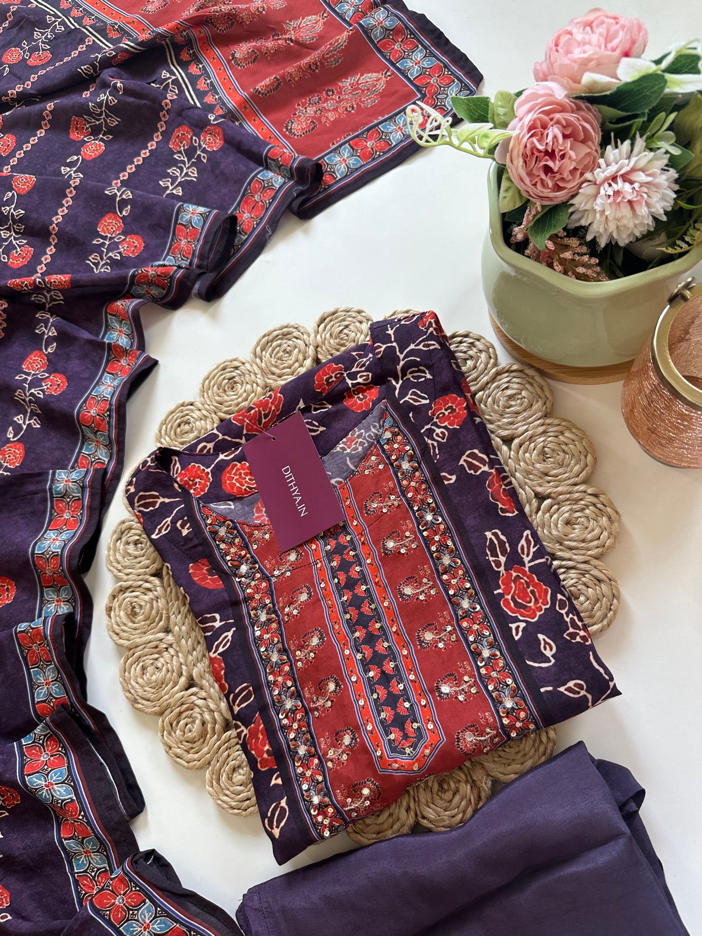 K081 - Muslin silk printed Straight kurti with pants and dupatta .