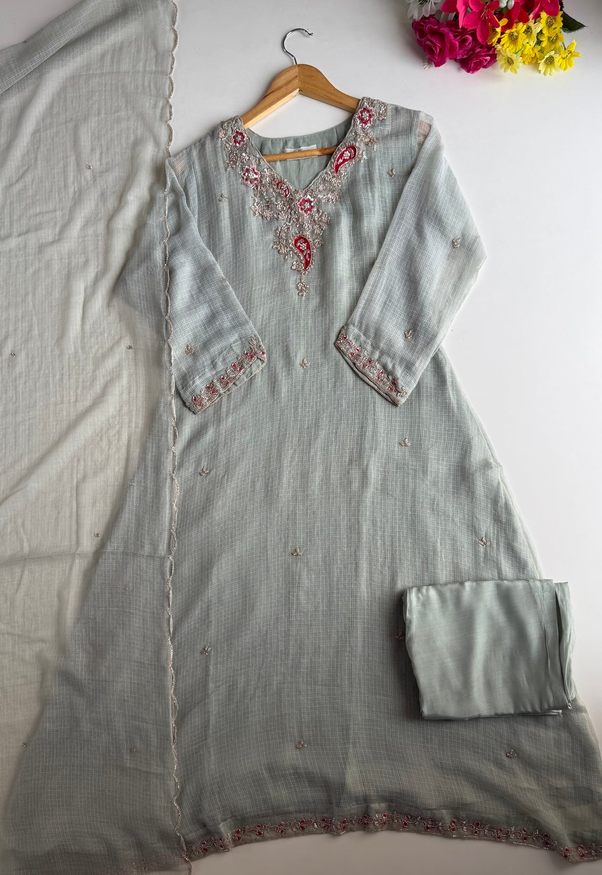 K229 - Kota doriya handwork aline Kurti with pants and dupatta in 3 colours