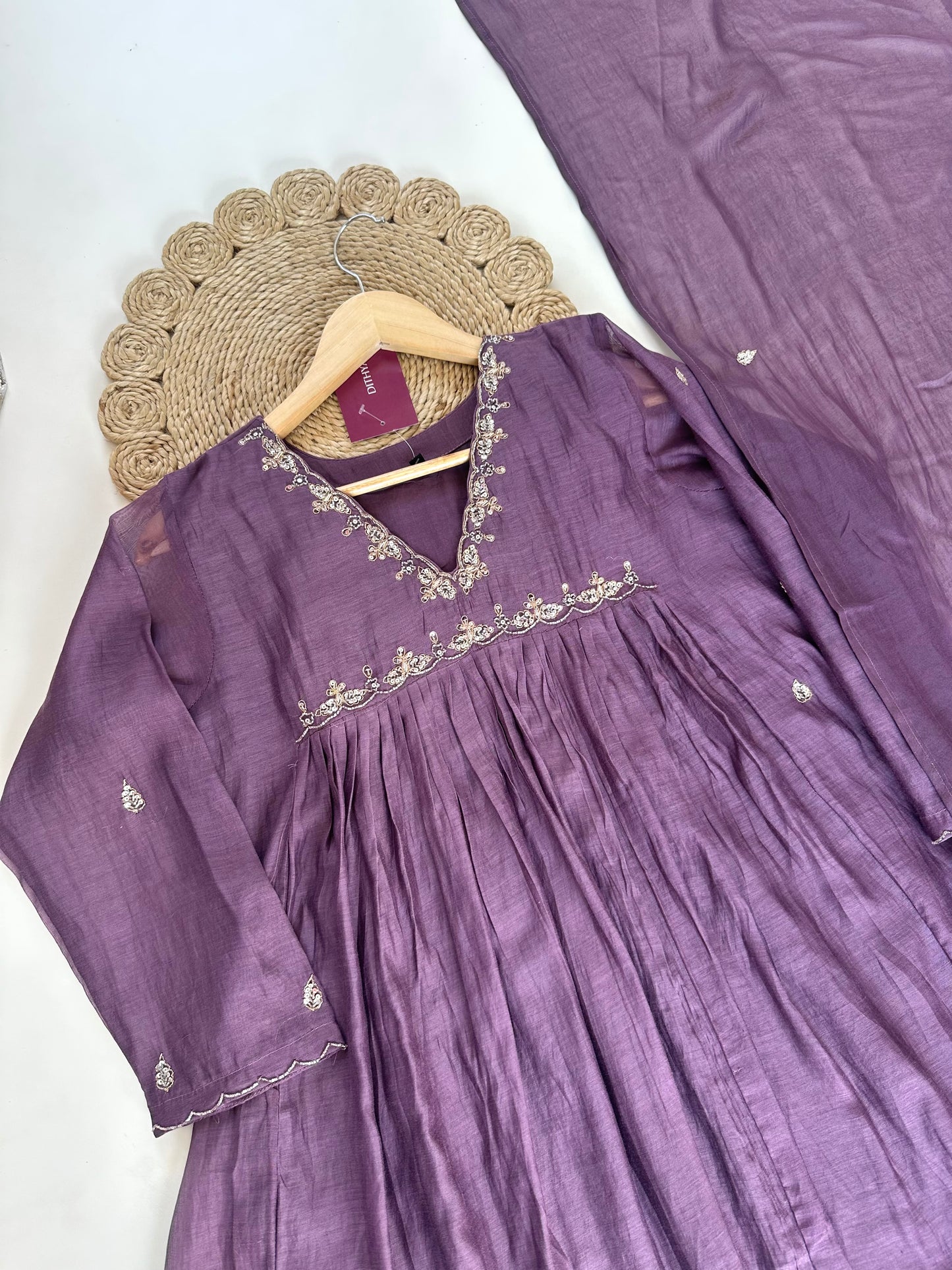 K138 - Mul Chanderi handwork Aline Kurti with pants and dupatta