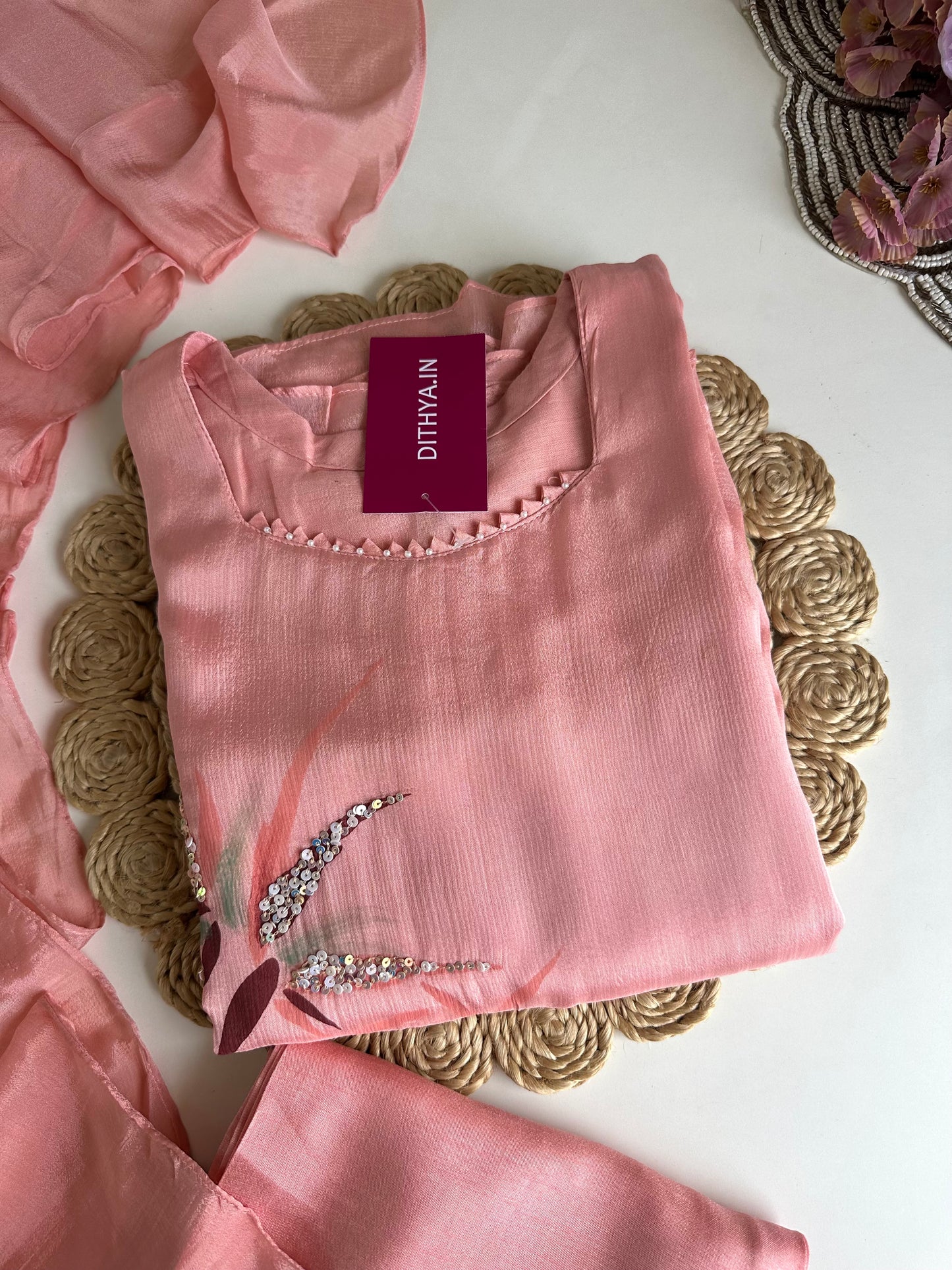 K051 - Pure Chinnon handwork Aline Kurti with pants and dupatta
