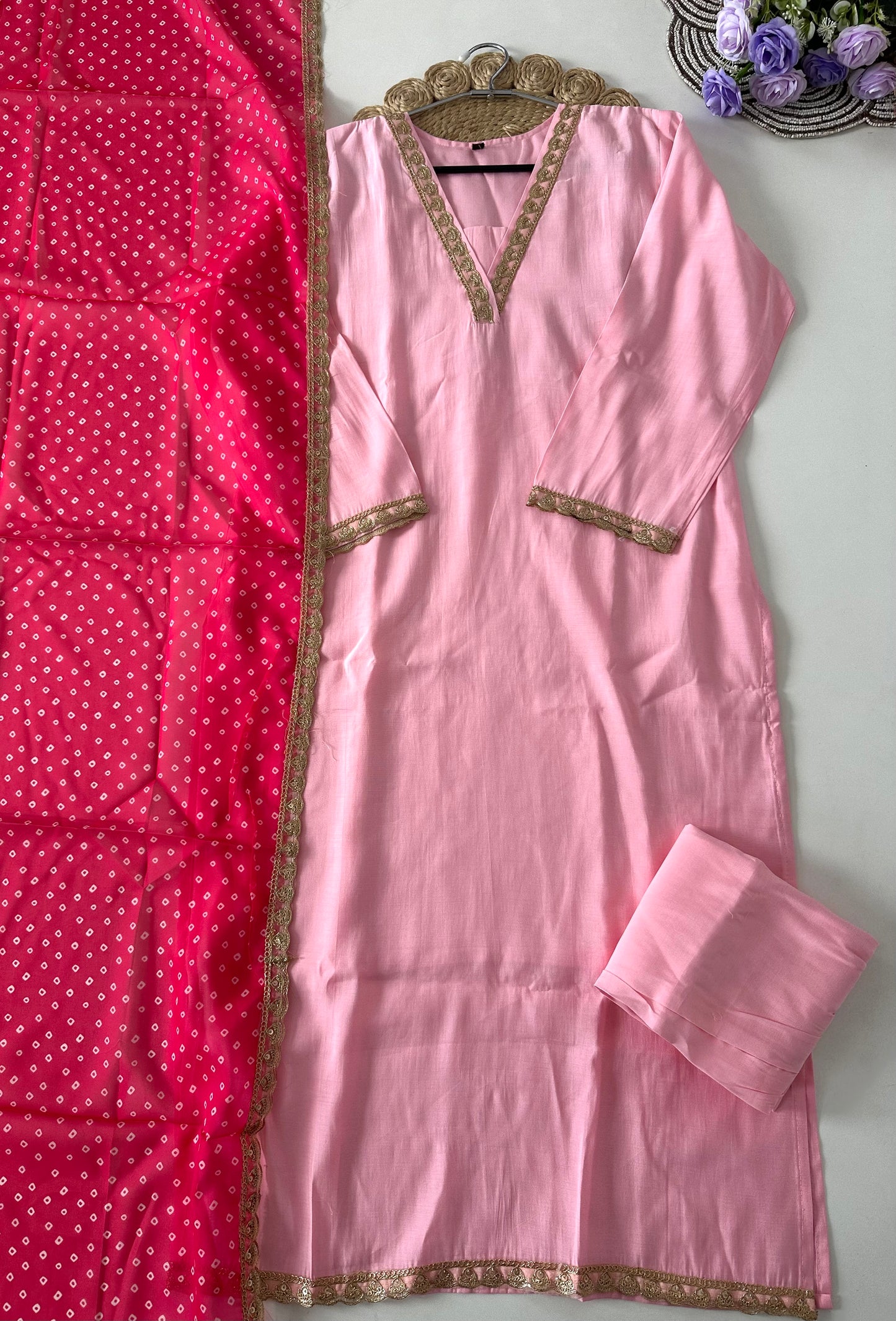 D046 -Roman silk straight kurti with pants and dupatta