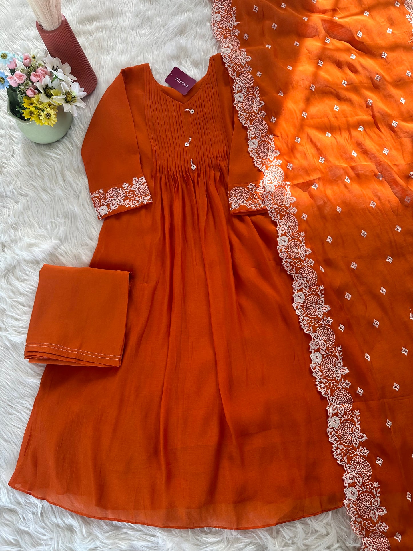 K319 - Muslin silk embroidered Aline Kurti with pants and dupatta in 2 colours