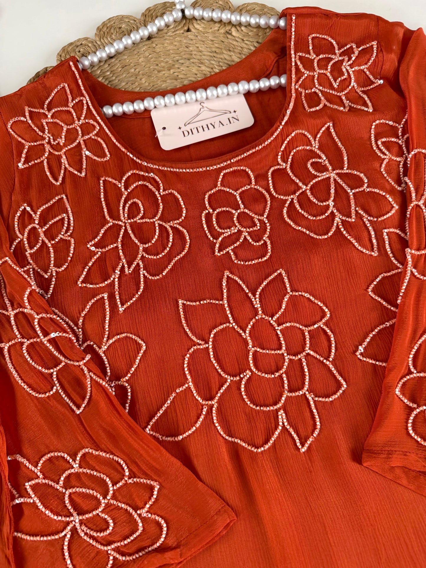 K585 - Pure Chinnon pearl work aline Kurti with pants and dupatta