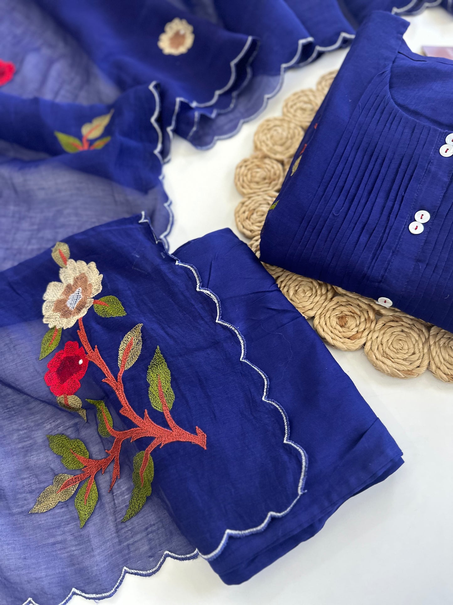 K308 - Mul Chanderi hand embroidered Aline Kurti with pants and dupatta in 2 colours .