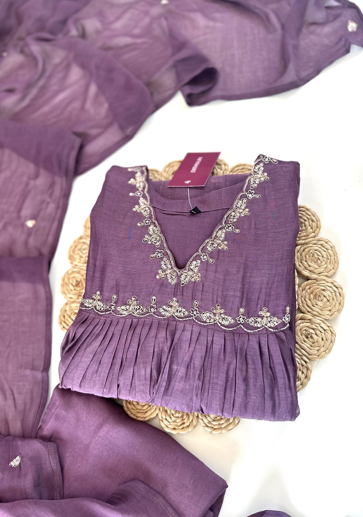 K138 - Mul Chanderi handwork Aline Kurti with pants and dupatta