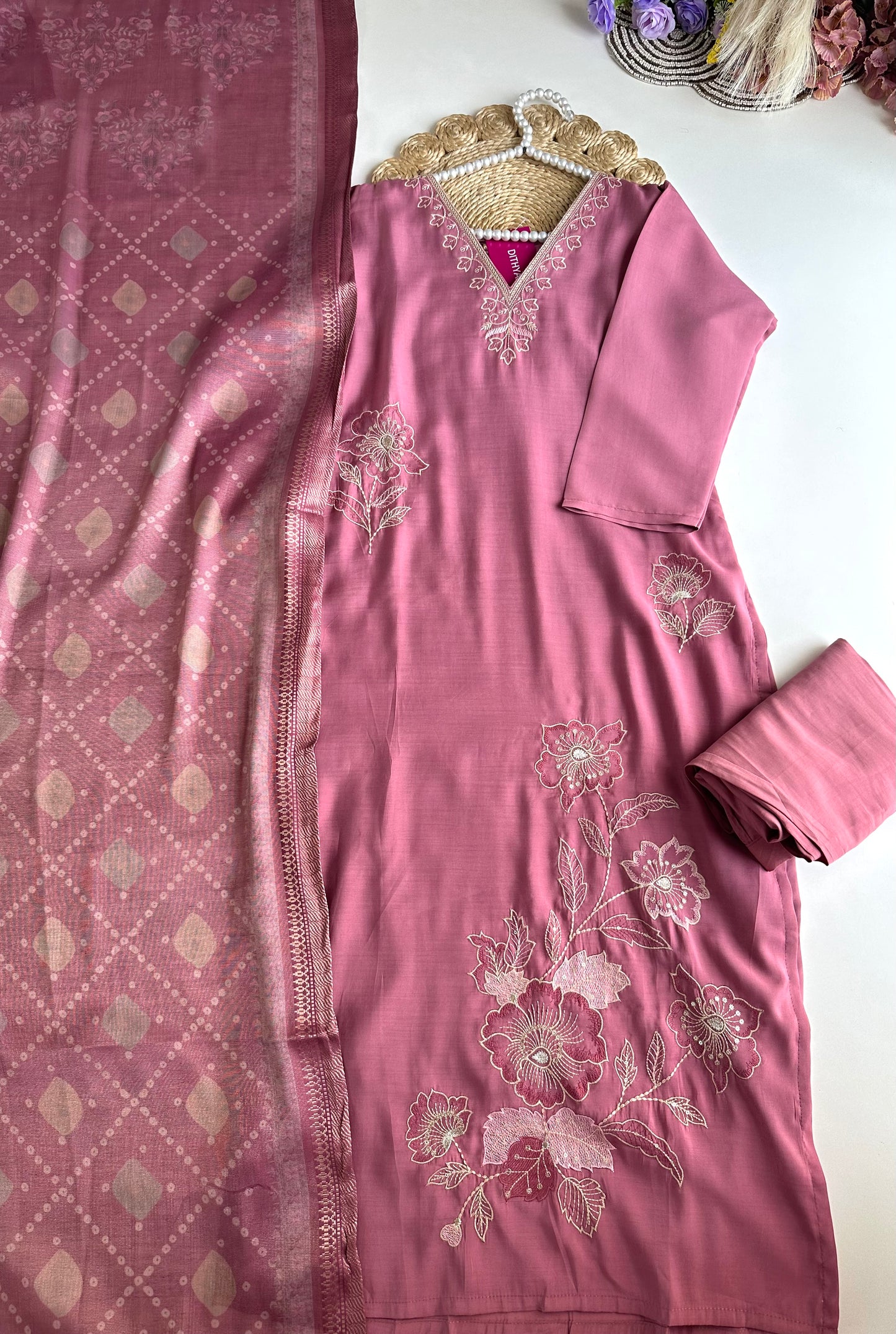 K181 - Roman silk embroidered straight Kurti with pants and dupatta