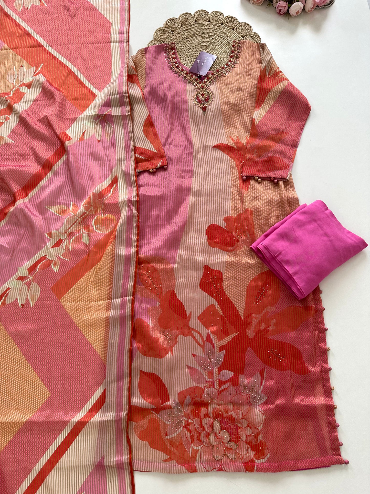K221 - Tissue silk self weaving handwork straight Kurti with pants and dupatta in 2 prints