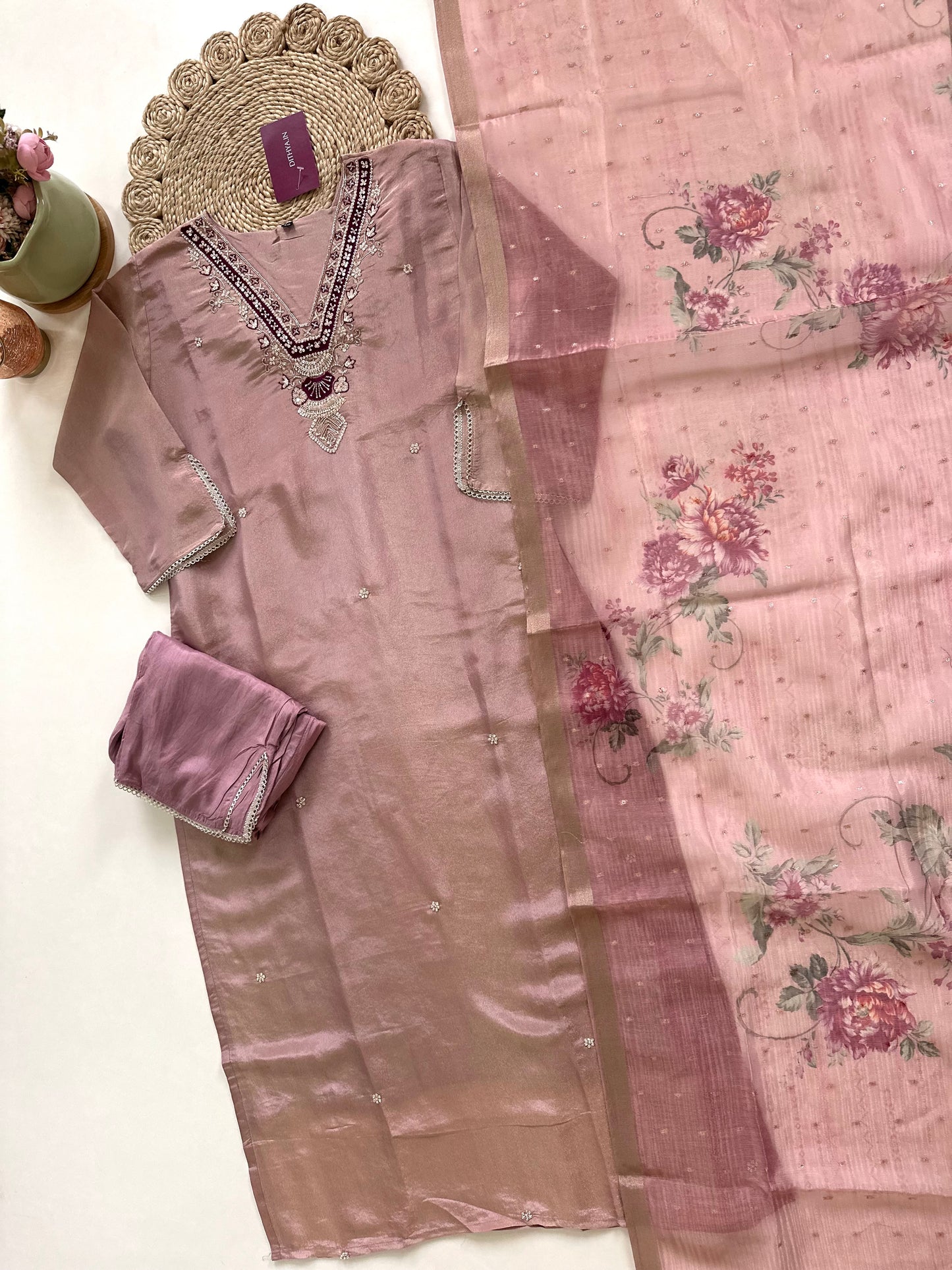 K087 - Tissue silk Handwork Straight kurti with pants and dupatta.