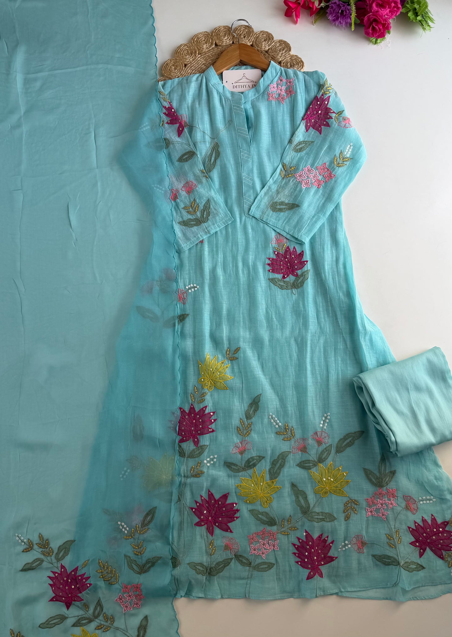 K589 - Mul chanderi appliqué embroidered Aline Kurti with pants and dupatta