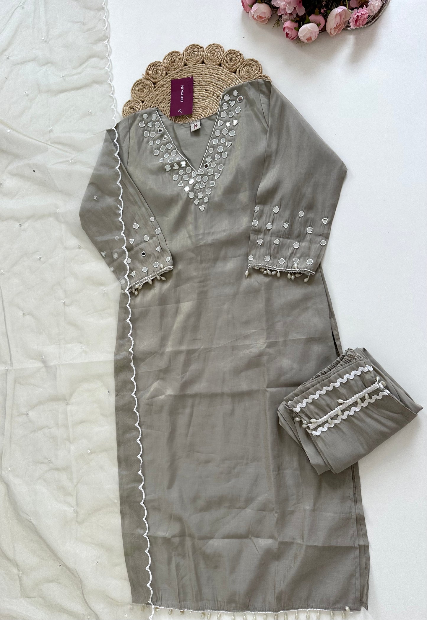 K209 - Shimmer silk mirror work straight Kurti with pants and dupatta in 3 colours