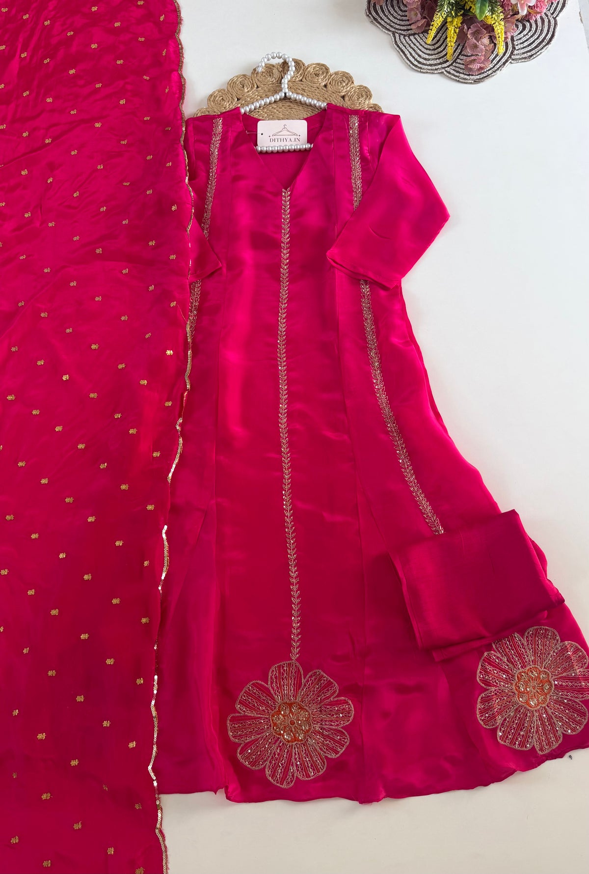 K596 - Pure Ho silk handwork aline Kurti with pants and dupatta