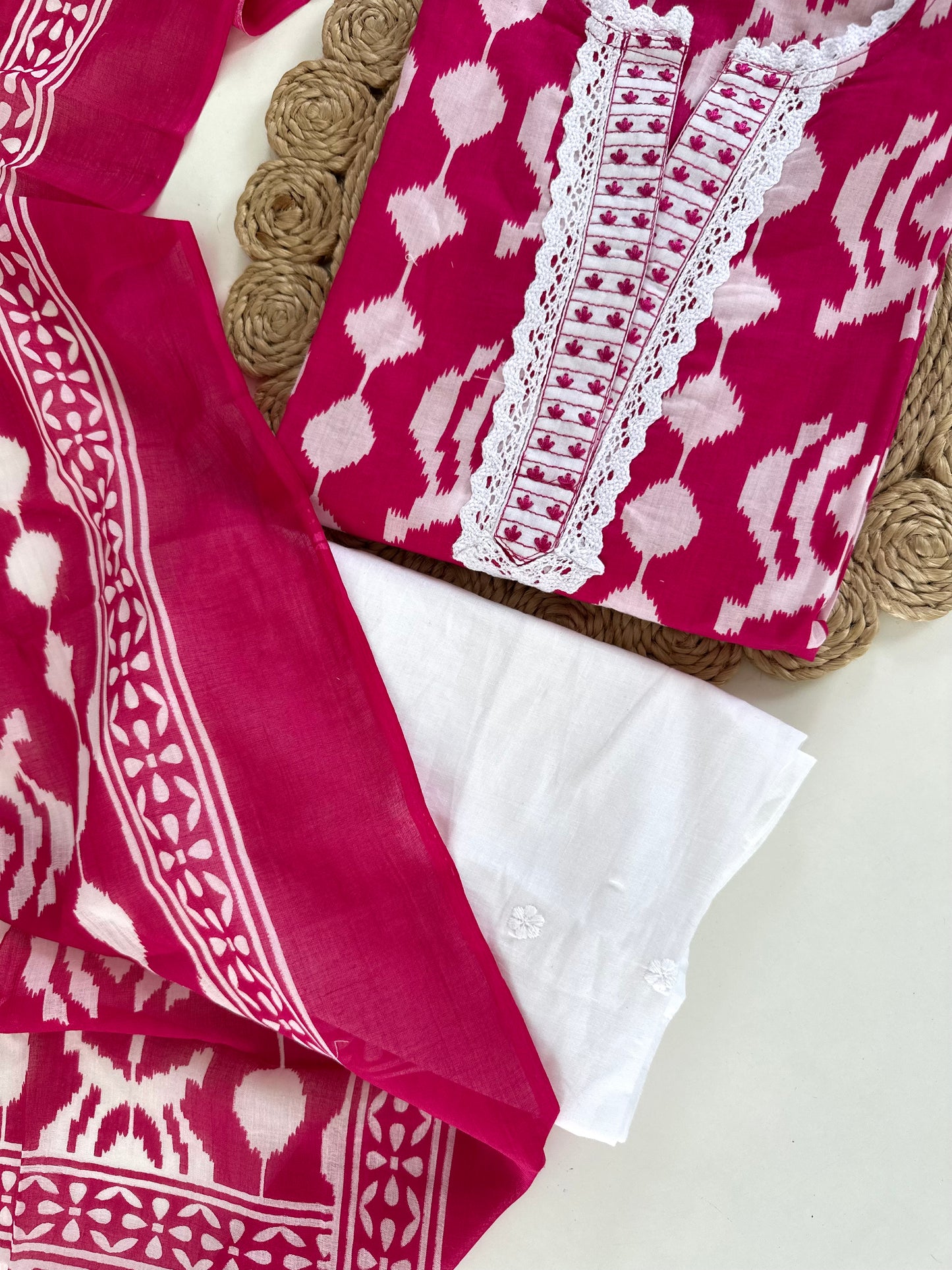 K111 - Cotton embroidered straight Kurti with pants and dupatta