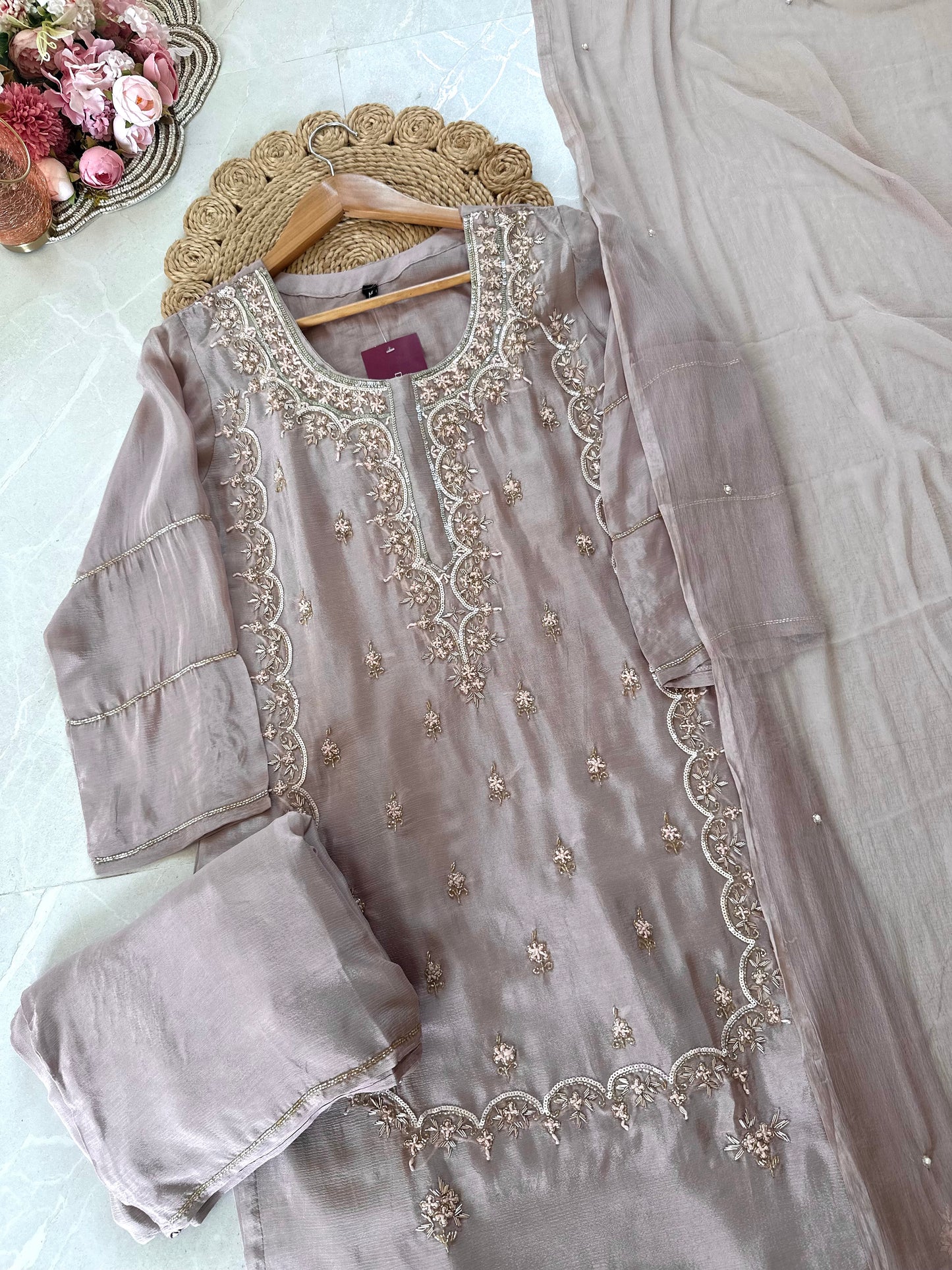 K161 - Heavy handwork Russian silk Straight kurti with flared pants and chiffon dupatta