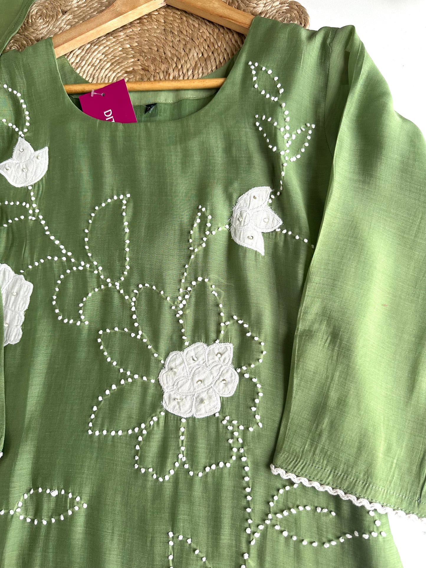 K214 - Mul Chanderi appliqué knot work Aline Kurti with pants and dupatta