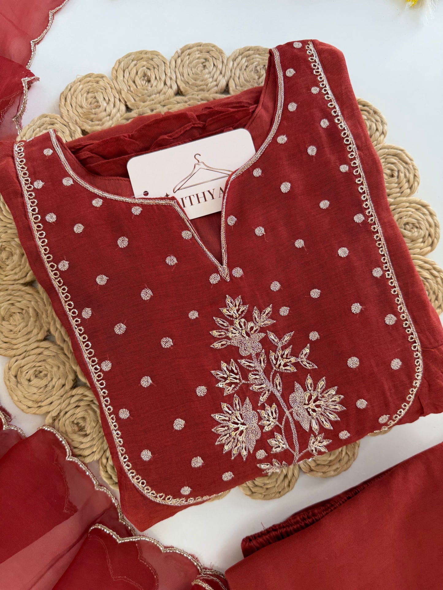 K527 - Mul chanderi handwork Anarkali with pants and dupatta
