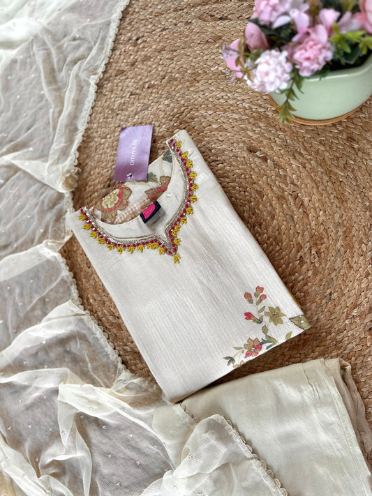 K315 - Tissue silk floral straight kurti with pants and chiffon dupatta