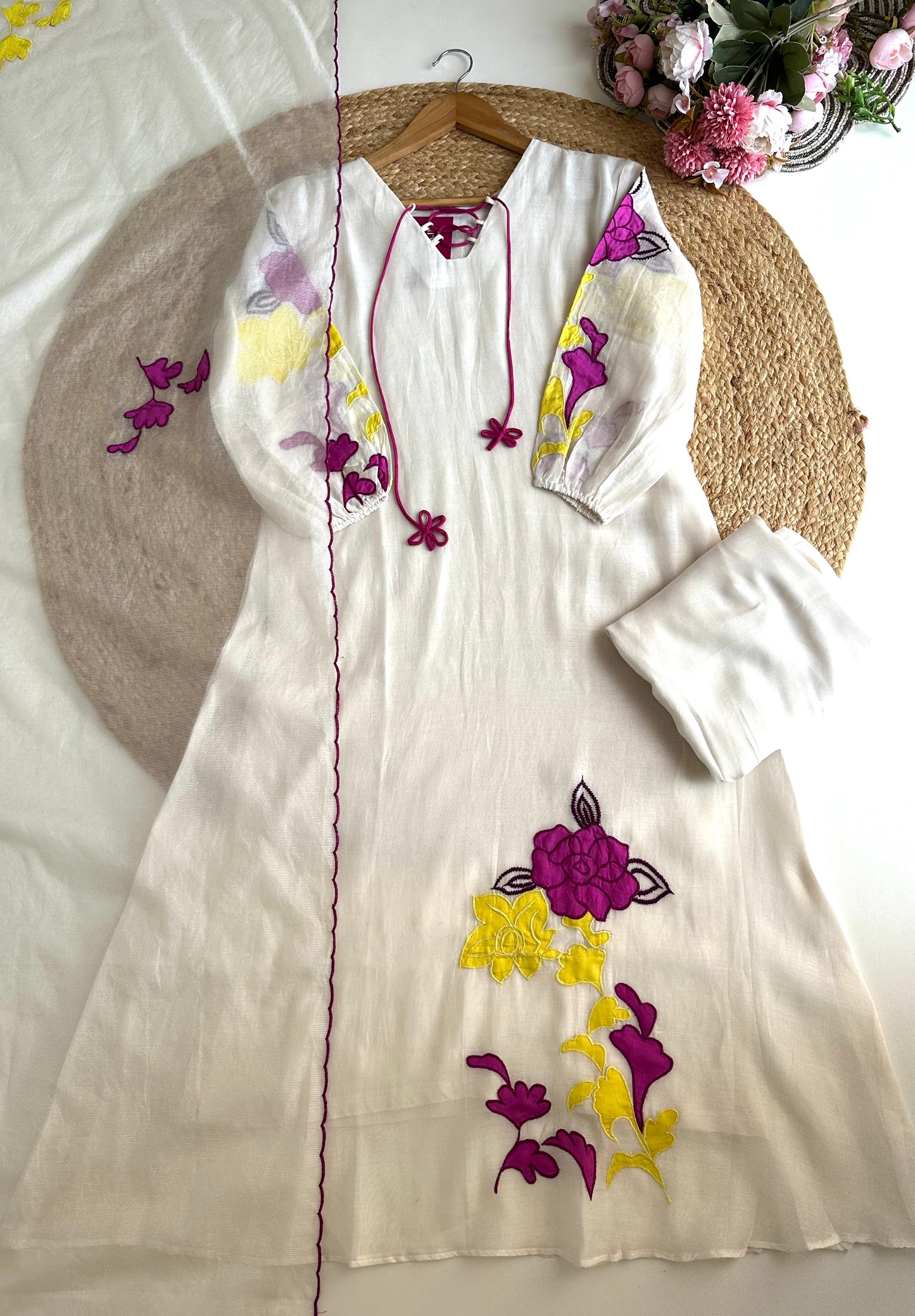 K109 - Mul Chanderi appliqué work Aline Kurti with pants and dupatta