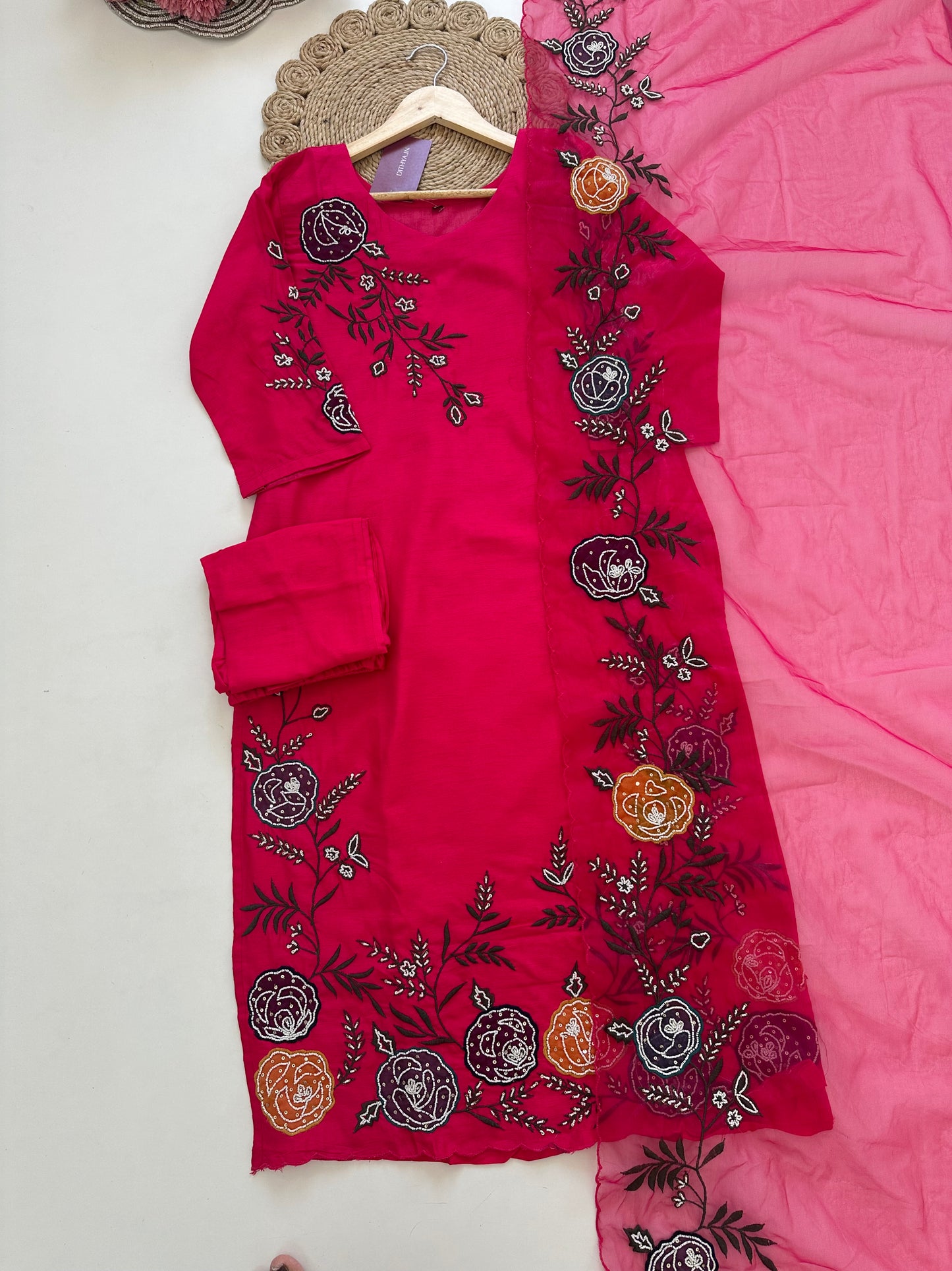 K074 - Russian silk Handwork straight kurti with pants and organza dupatta .