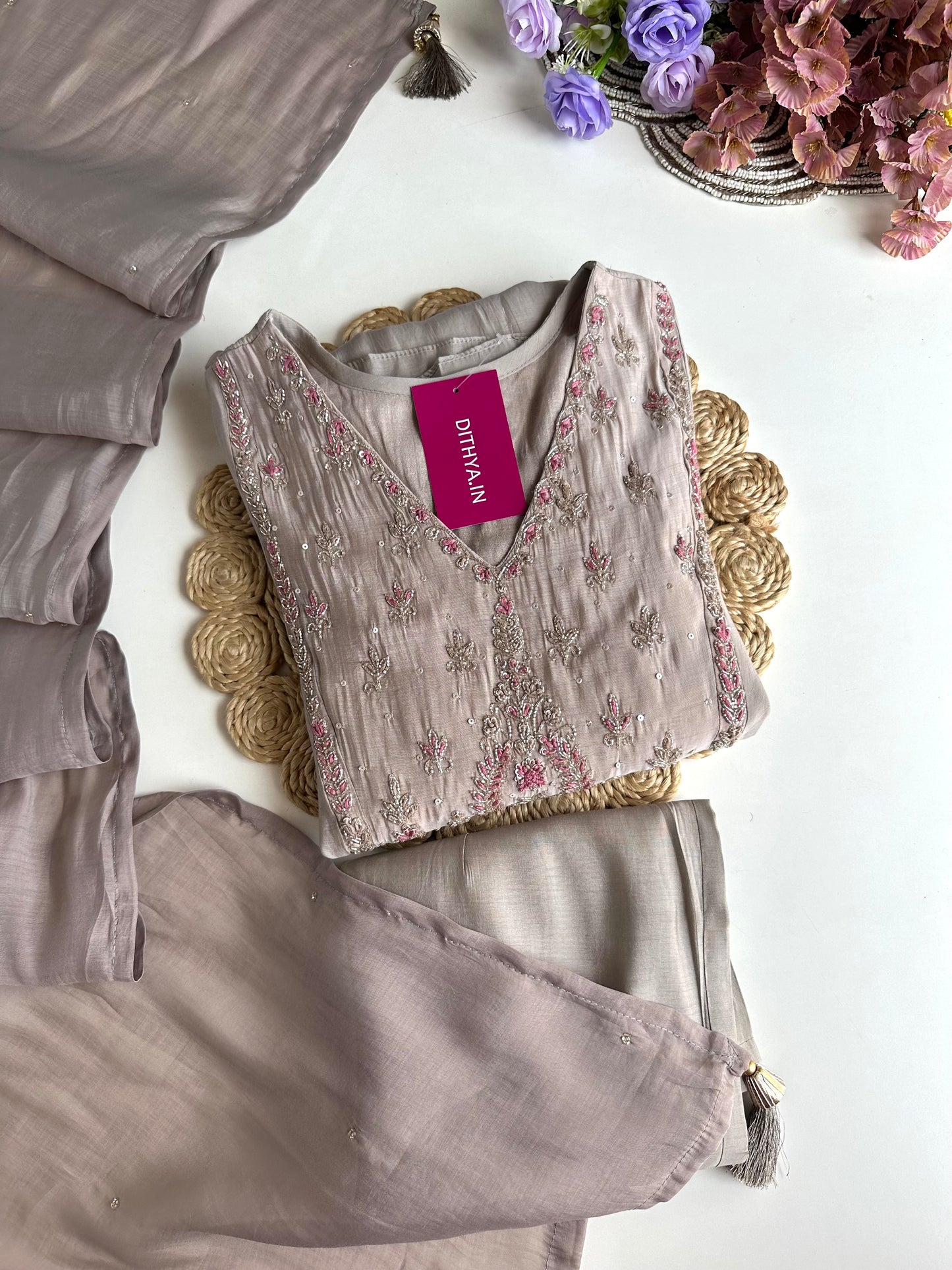 K283 - Mul Chanderi Handwork Anarkali with pants and dupatta