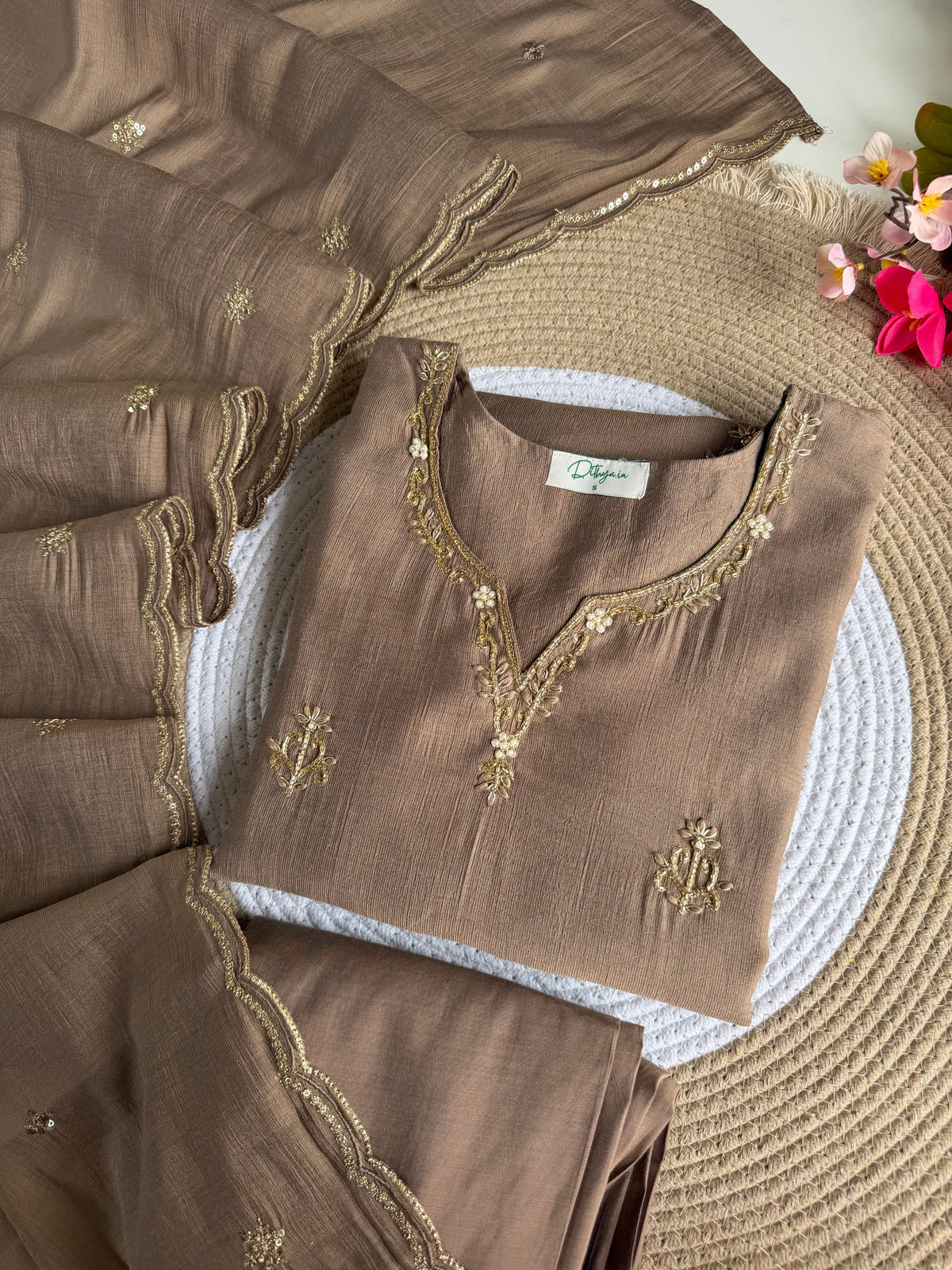 K030 - Surat Mul chanderi handwork aline Kurti with pants and dupatta