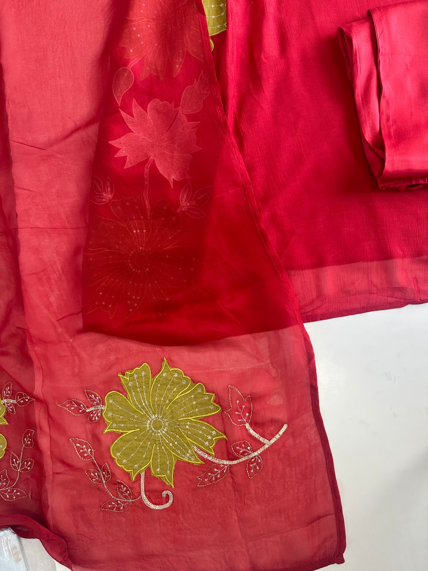 K468 - Crushed Mul Chanderi Appliqué work Anarkali with pants and dupatta in 2 colours