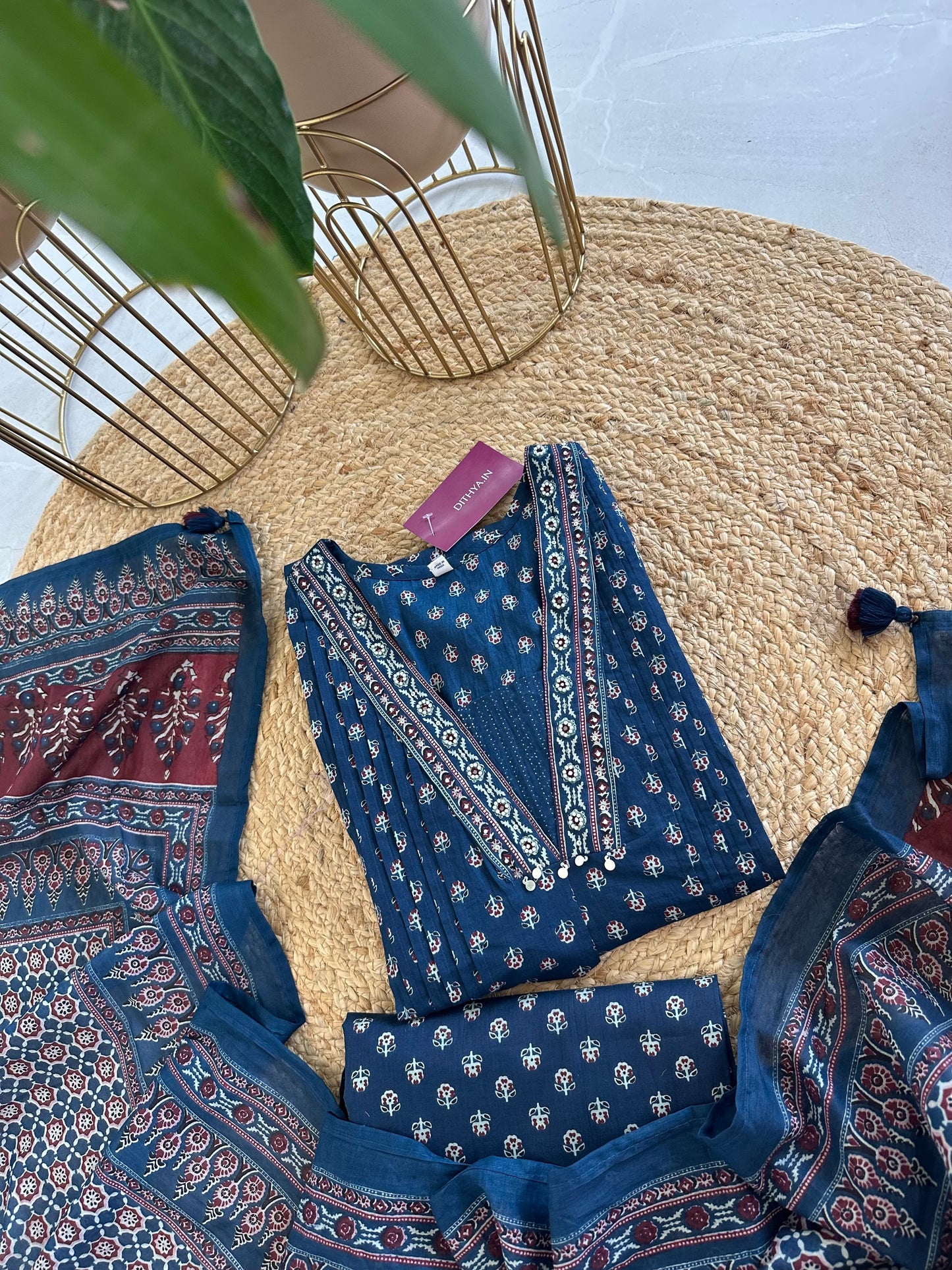 K082 - Cotton Aline Kurti Indigo print with palazzo and dupatta.