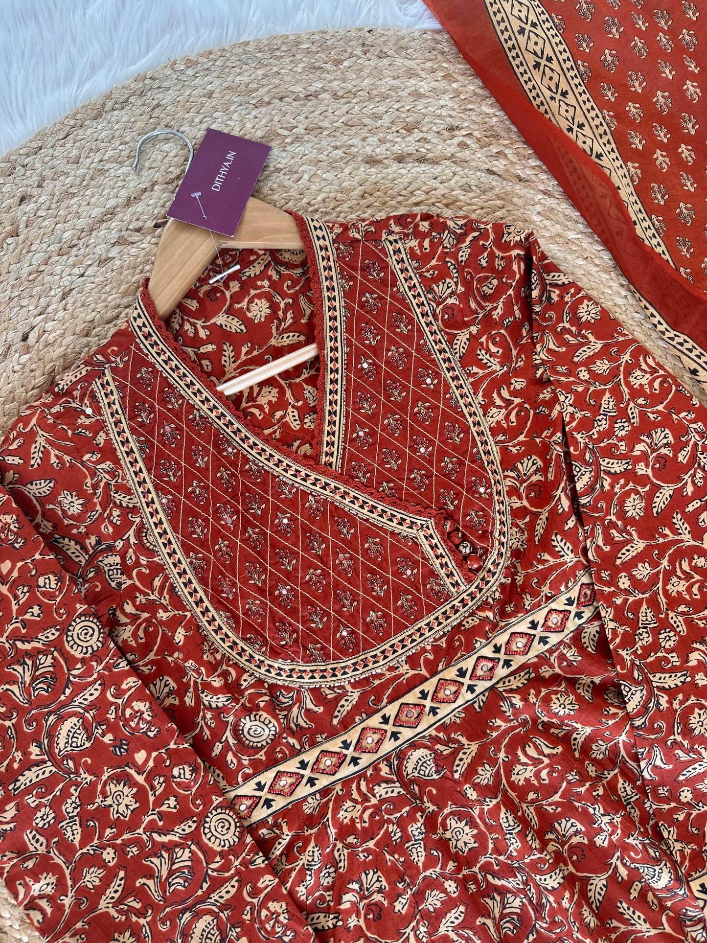 K055 - Cotton Handwork Anarkali with pants and dupatta in 2 colours