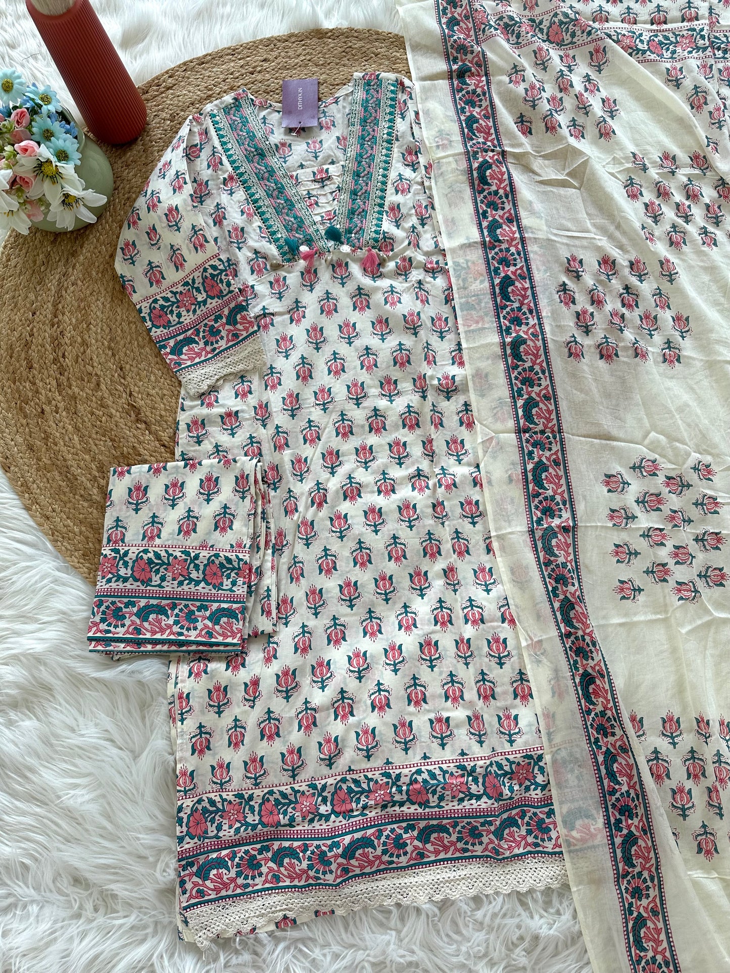 K027 - Floral mul cotton Kurti with pants and dupatta