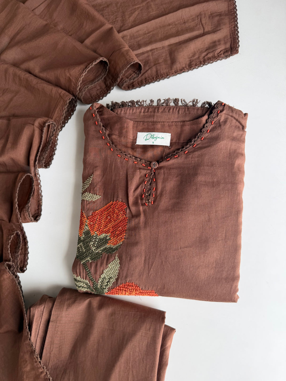 K296 - Mul cotton embroidered Aline Kurti with pants and dupatta