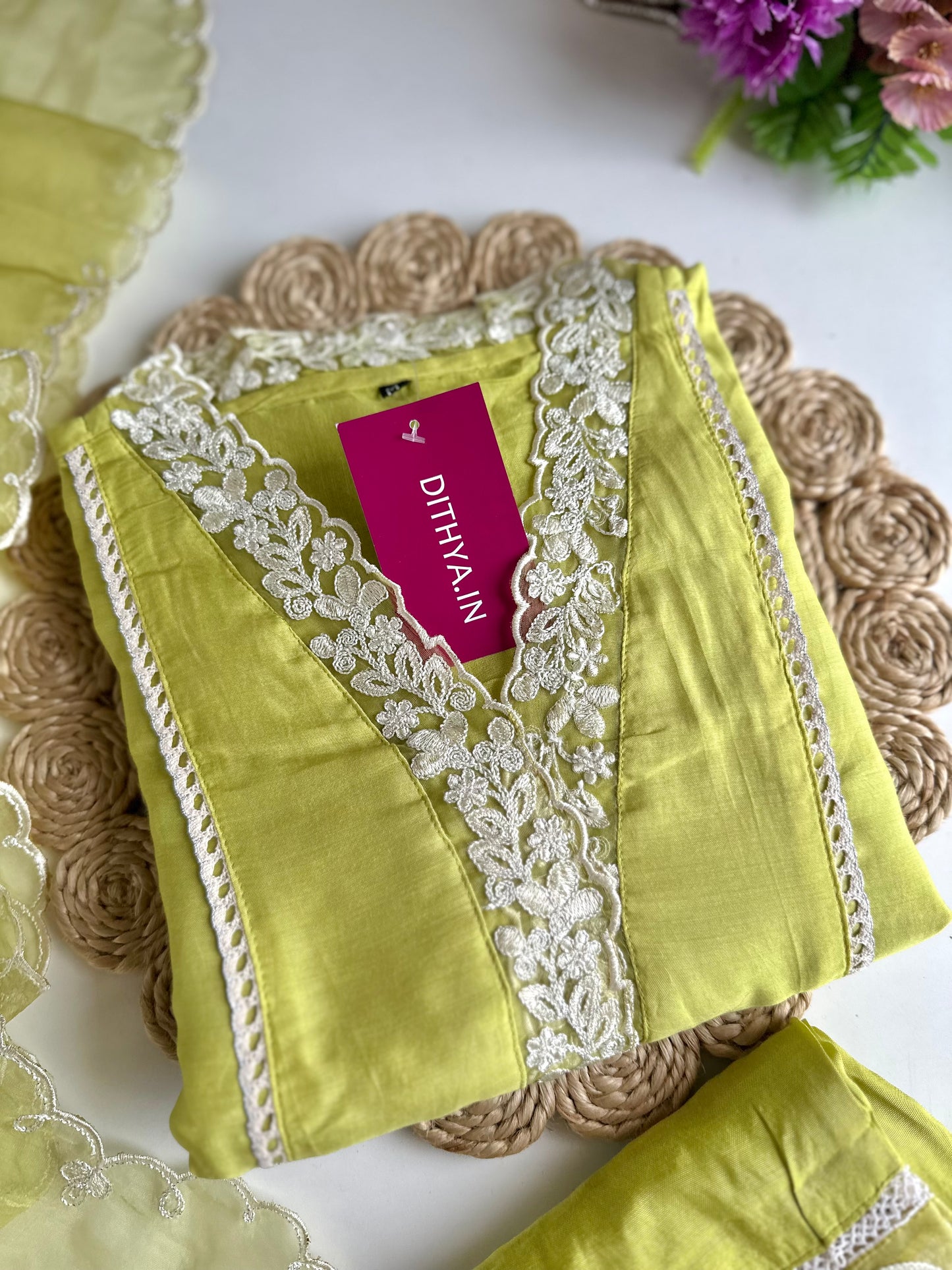 K355 - Russian silk embroidered Aline Kurti with pants and dupatta
