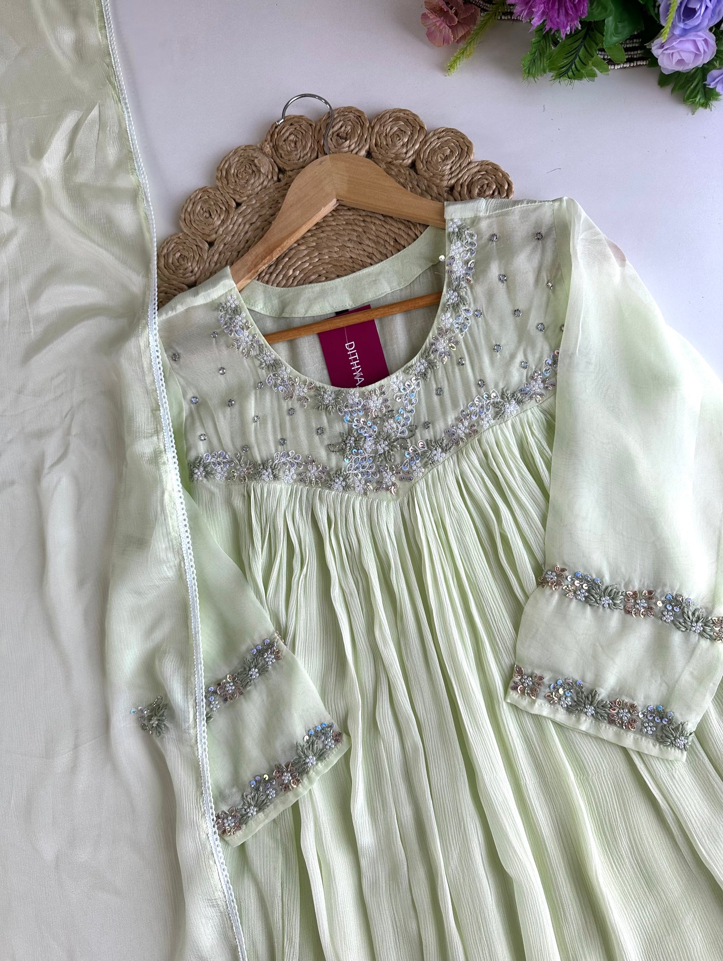 K076 - Pure Chinnon handwork Anarkali with pants and dupatta