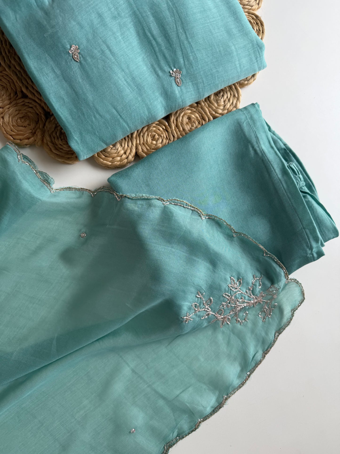 K132 - Mul chanderi handwork aline Kurti with pants and dupatta