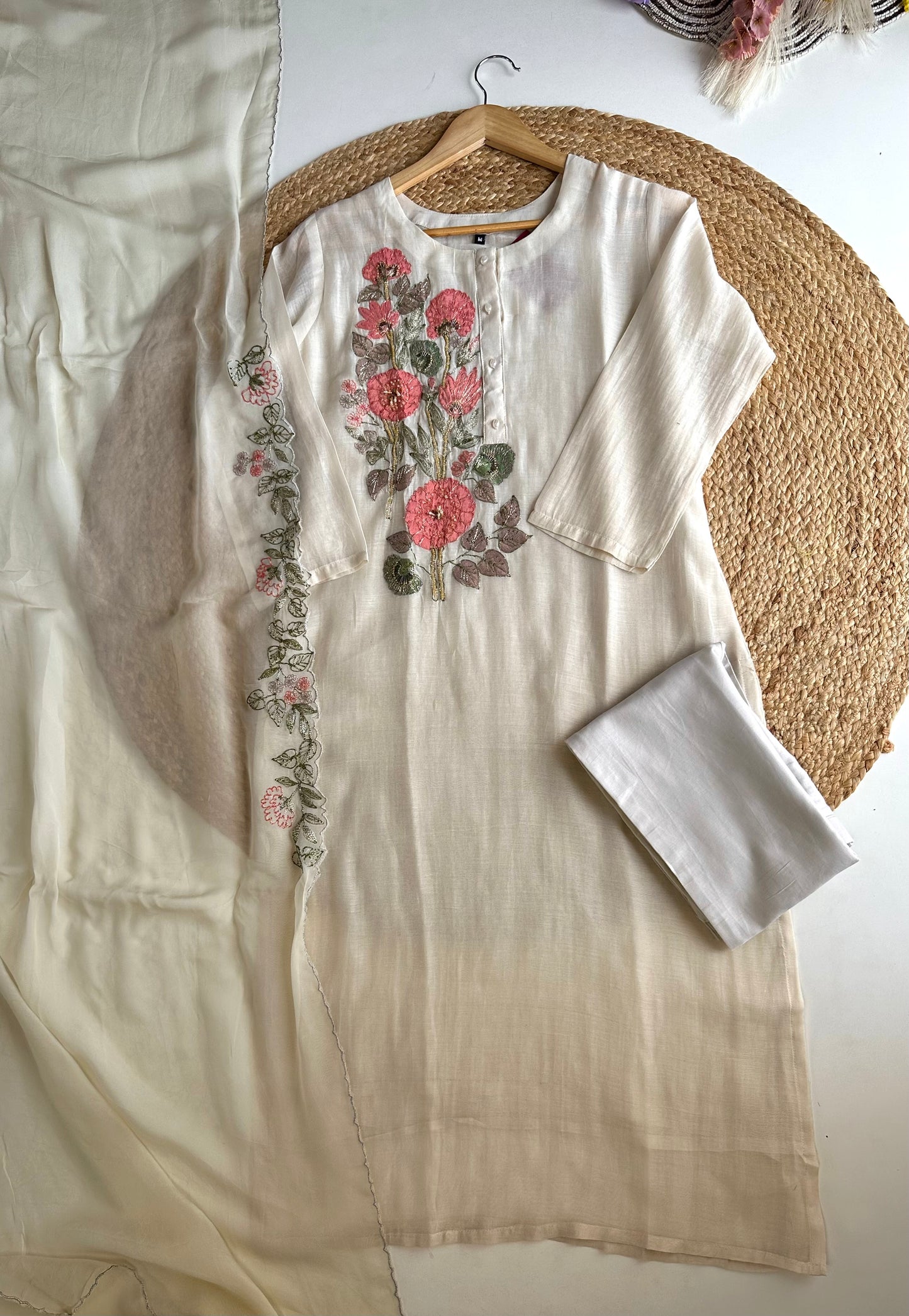 K153 - Mul Chanderi handwork straight Kurti with pants and dupatta