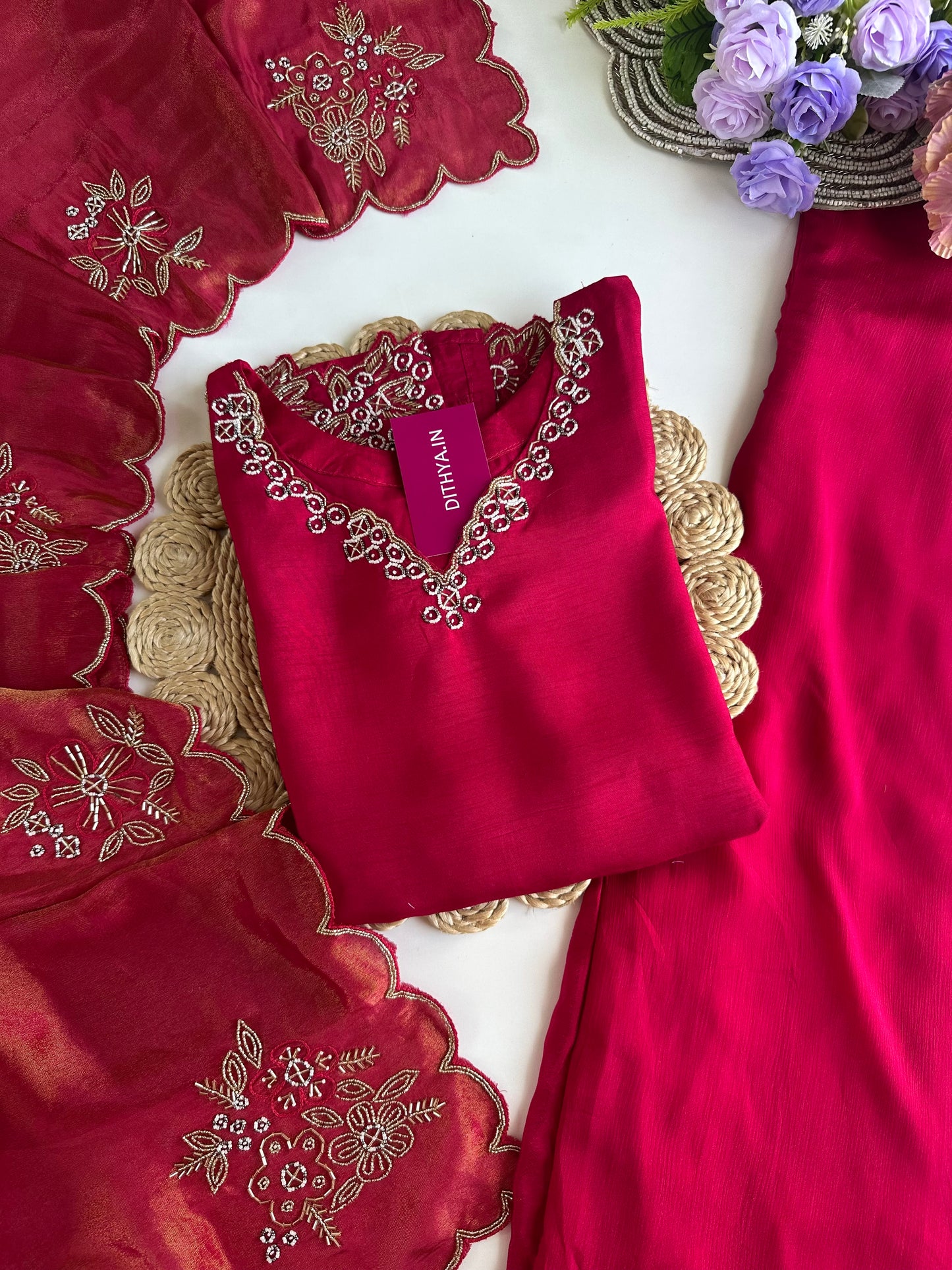 K342 - Russian silk handwork short Kurti with palazzo and silk dupatta