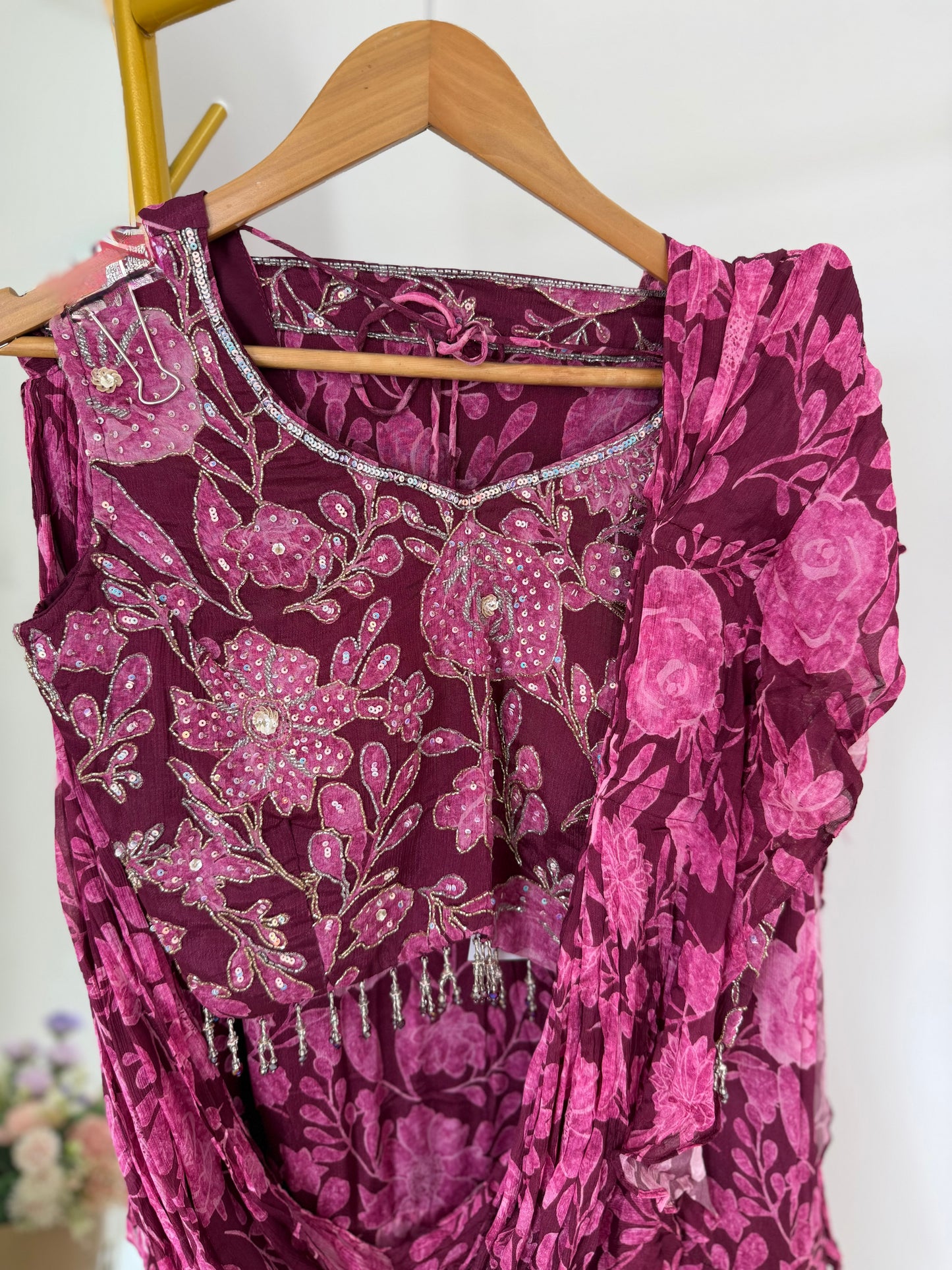 K525 - Pure chinnon floral crop top with drape skirt and dupatta
