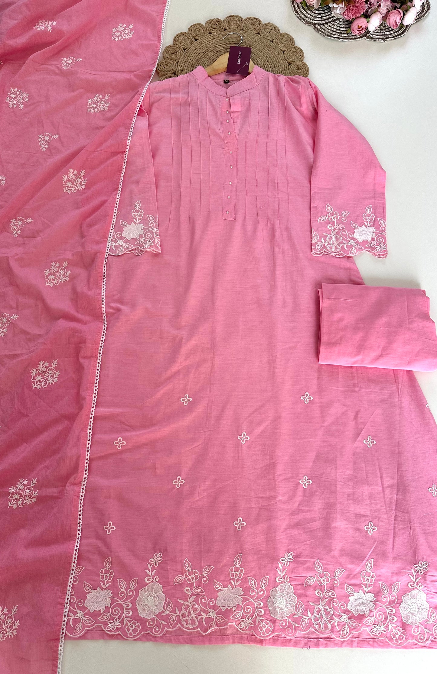 K089 - Mulmul cotton embroidered Anarkali with pants and dupatta in 2 colours