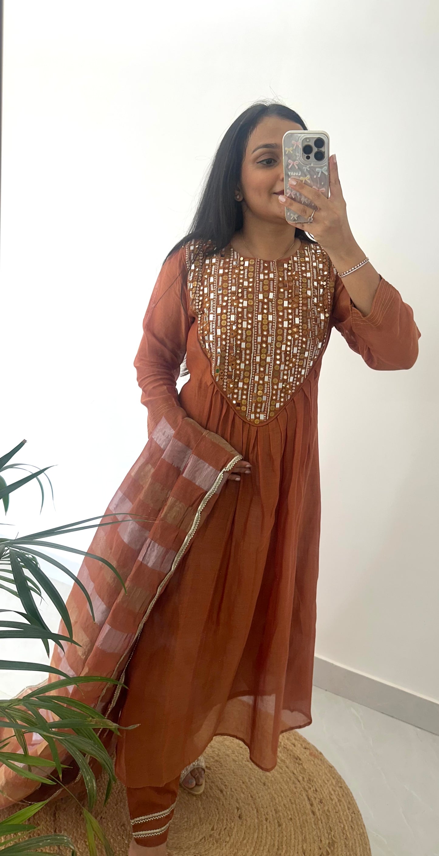 K078 - Pure mul Chanderi mirror work Anarkali with pants and dupatta
