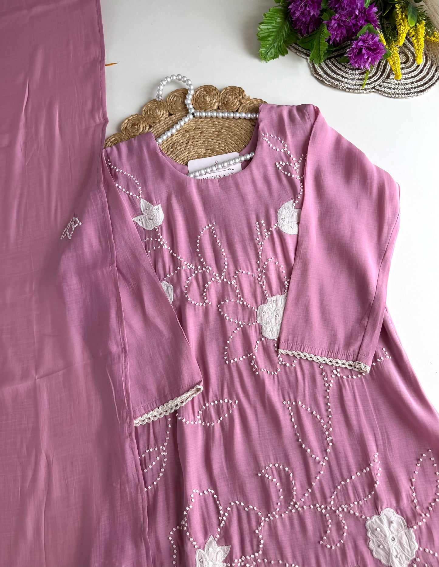 K480 - Mul chanderi embroidered aline Kurti with pants and dupatta