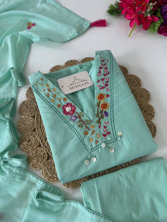 K580 - Mul cotton embroidered Aline Kurti with pants and dupatta