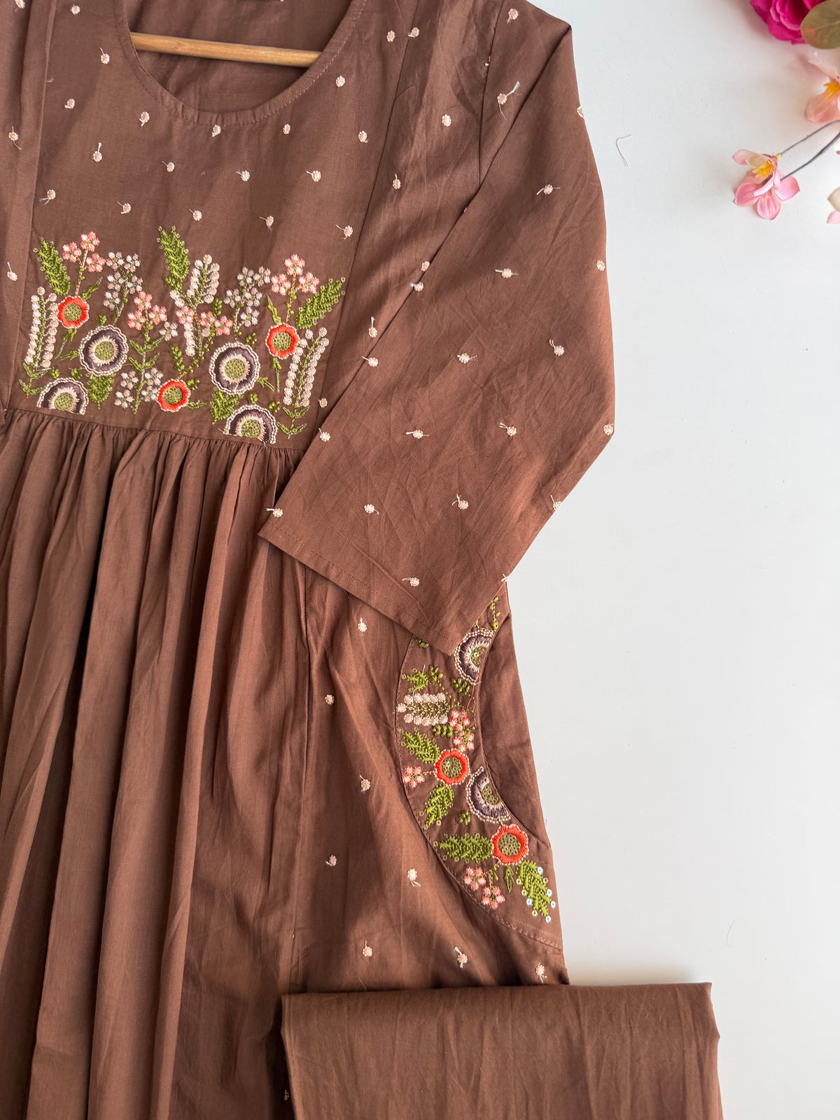 K726 - Mul cotton embroidered Anarkali with pants and dupatta