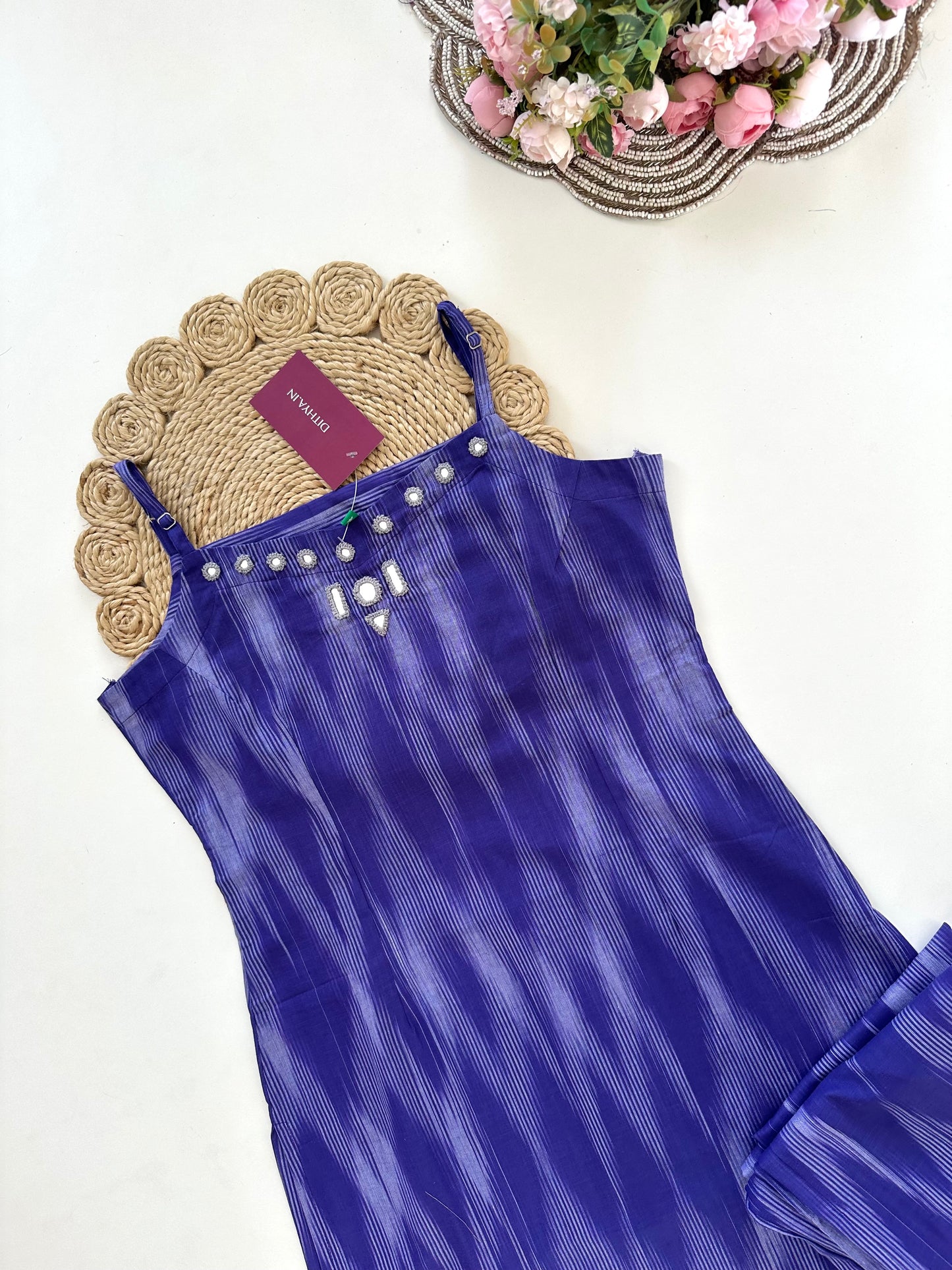 K040 - Cotton strap mirror work Kurti with pants in 3 colours