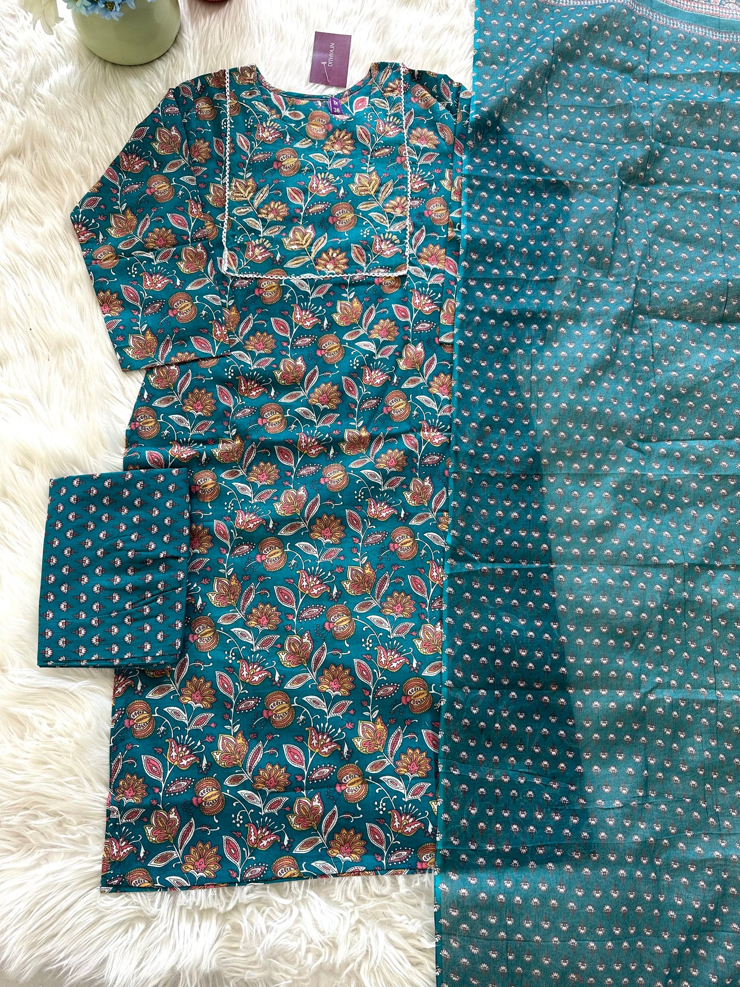K092 - Cotton floral straight Kurti with pants and dupatta