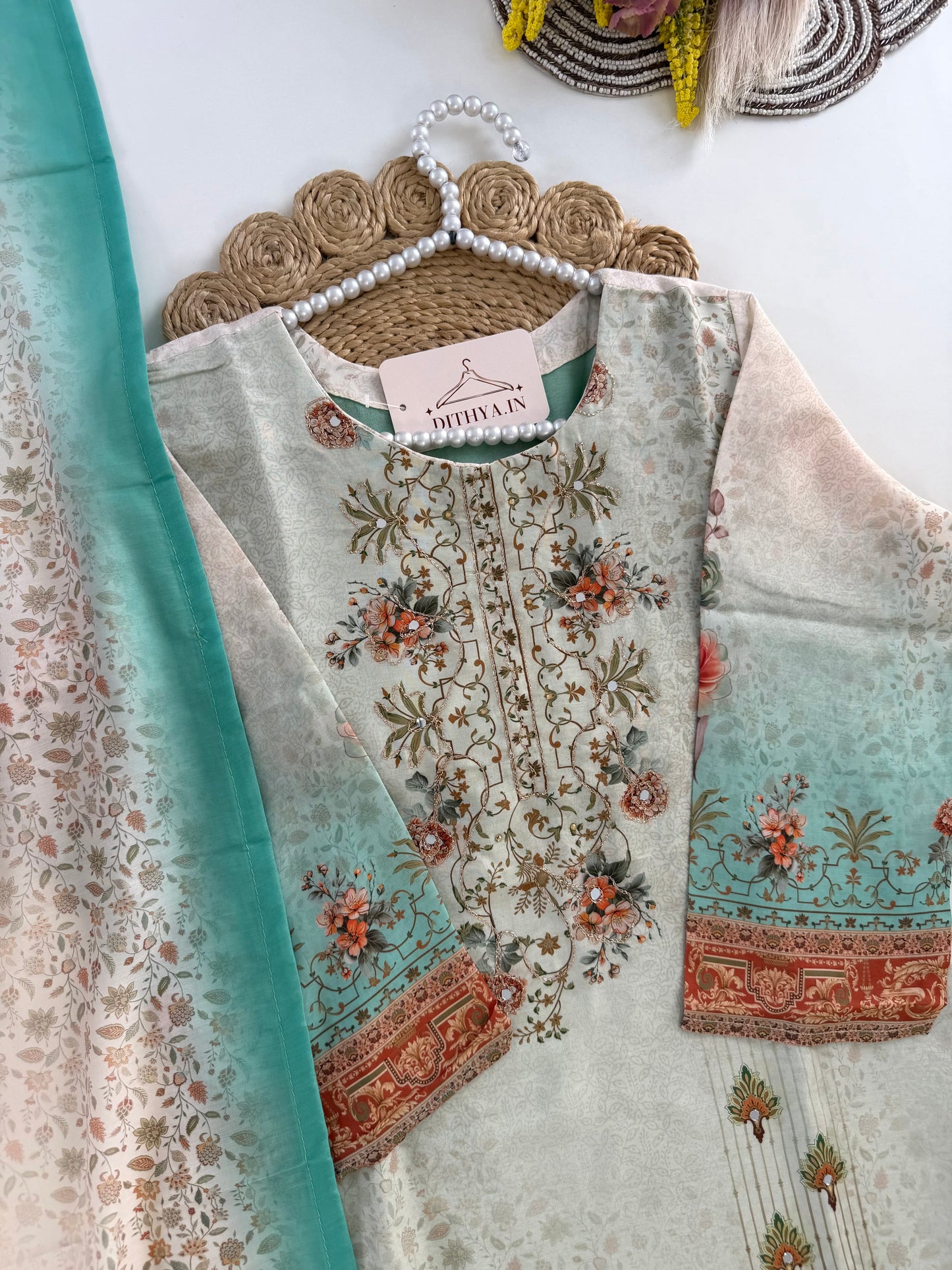K518 - Rayon printed straight Kurti with pants and dupatta