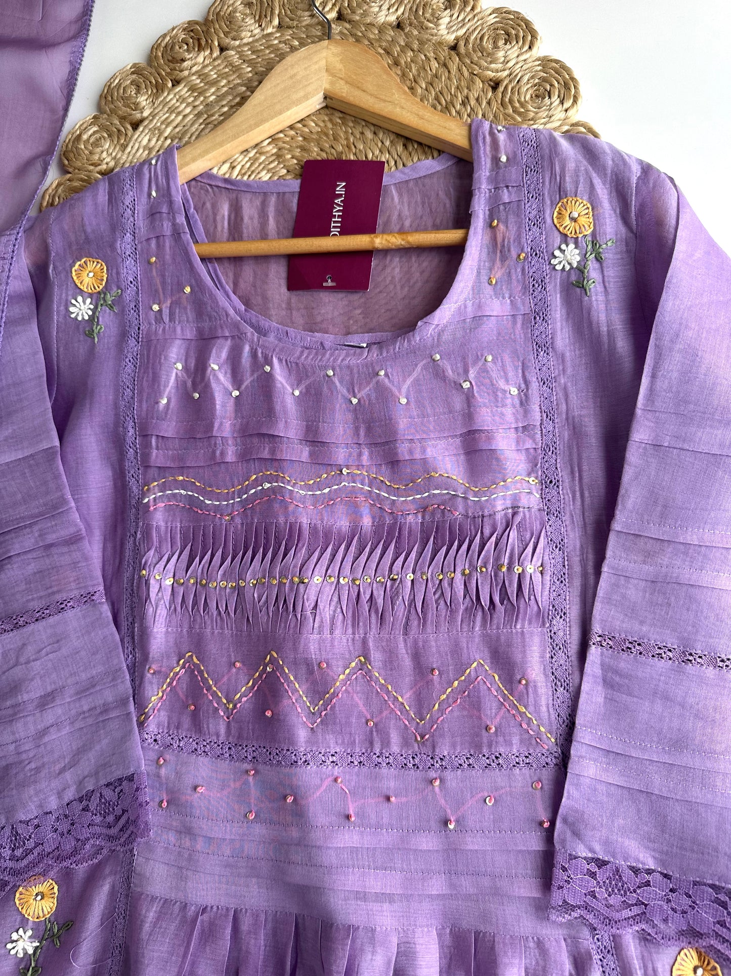 K043 - Mul chanderi embroidered Aline Kurti with pants and dupatta