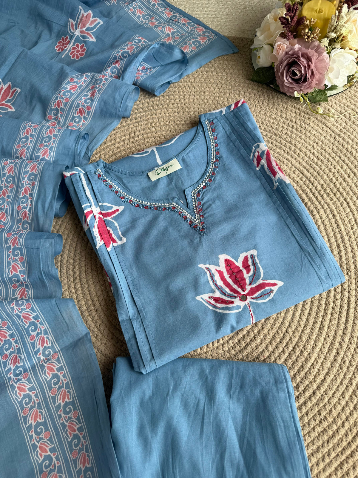 K164 - Mul cotton embroidered Aline Kurti with pants and dupatta in 3 colours
