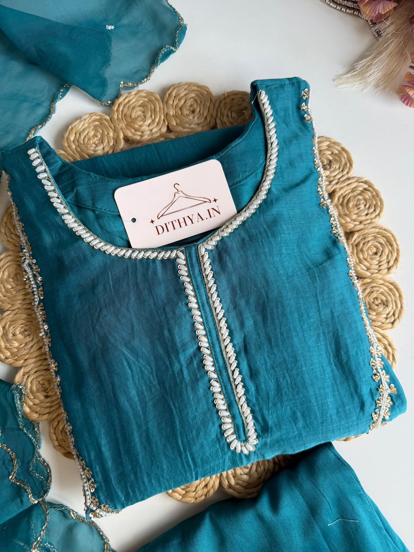 K506 - Mul chanderi handwork aline Kurti with pants and dupatta