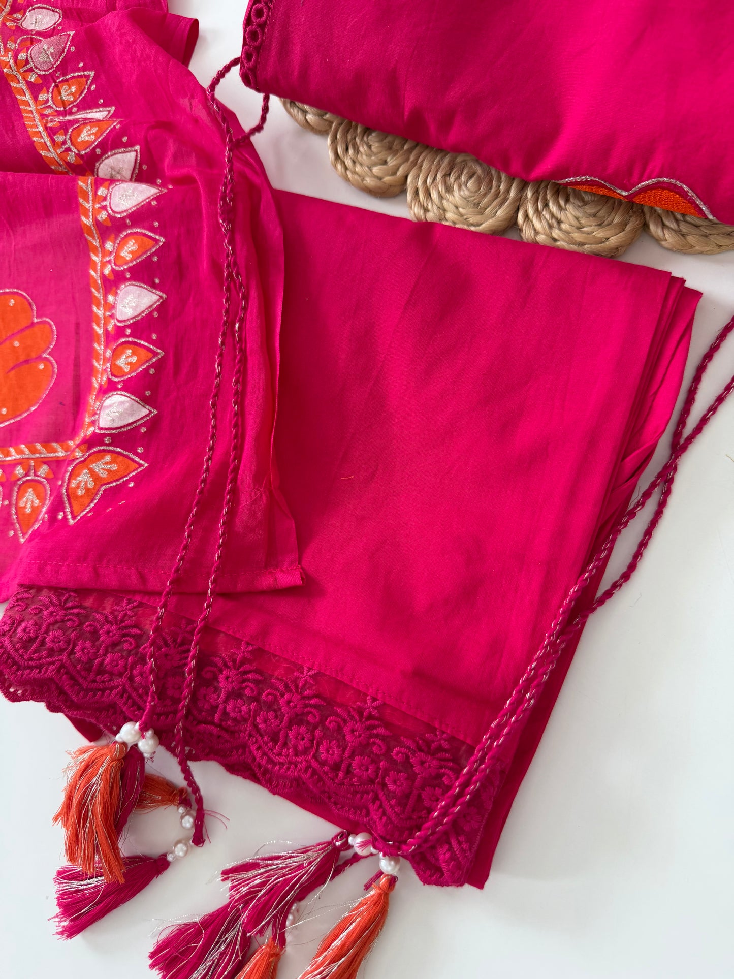 K531 - Mul Cotton embroidered aline Kurti with pants and dupatta