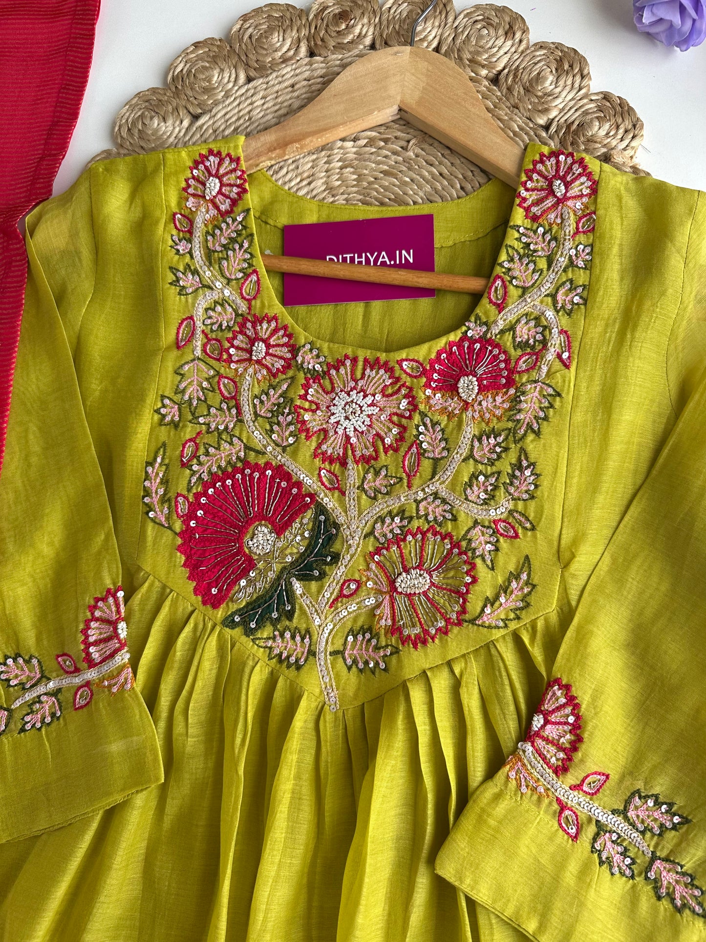 K148 - Mul Chanderi handwork Aline Kurti with pants and dupatta